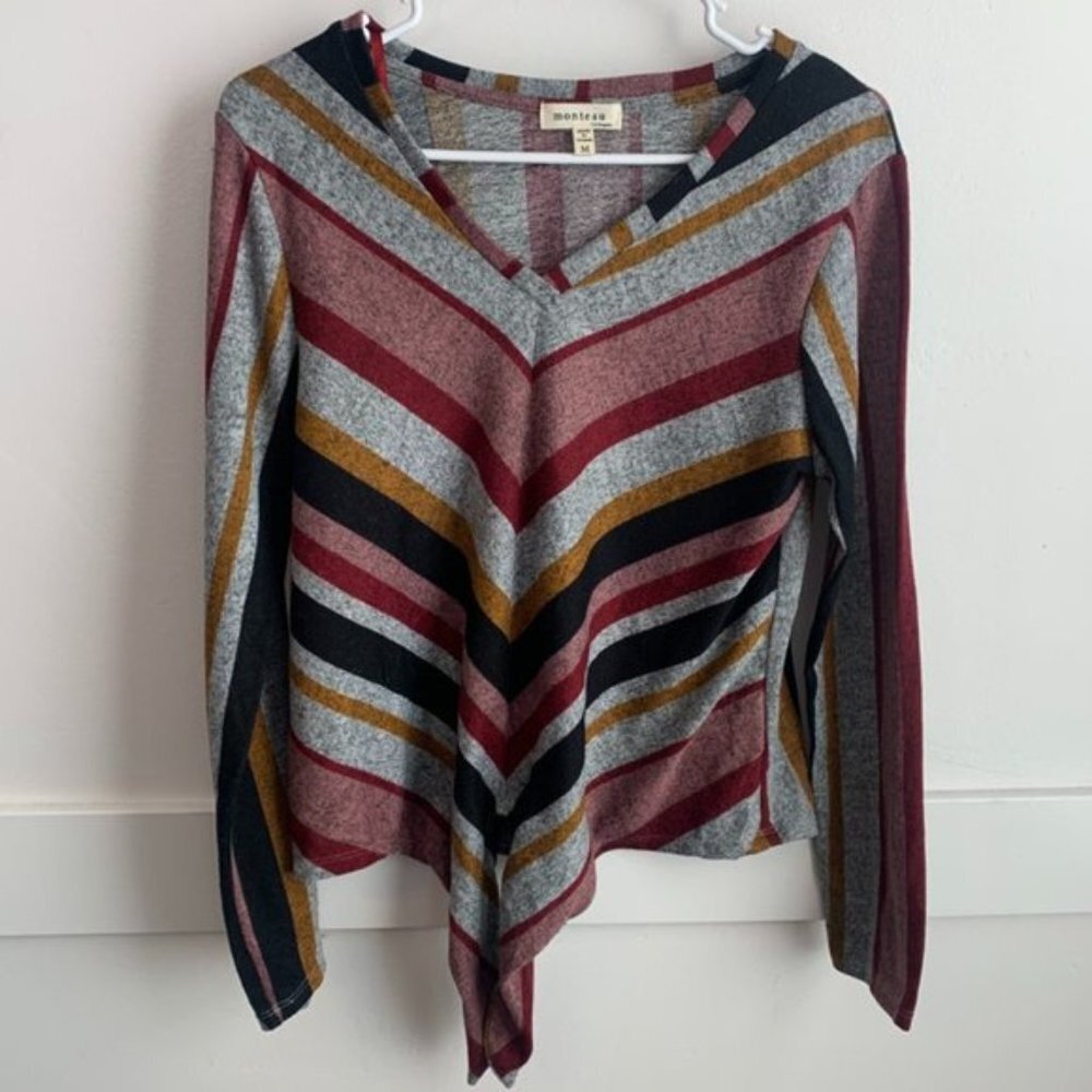 Monteau Multicolor Striped Tie Front Long Sleeve Blouse